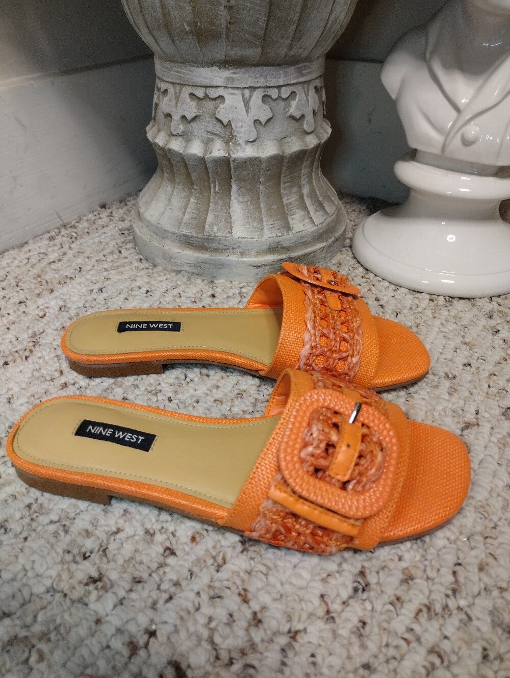 Nine West Hagleigh Buckle & Rattan Crochet Trimmed, Linen-Like Slide Sandals